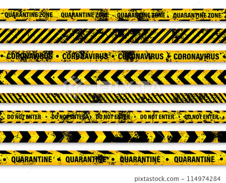 Old grunge quarantine zone warning tape. Novel coronavirus outbreak. Global lockdown. Yellow coronavirus danger stripe. Police caution line, restricted area. Construction tape. Vector illustration 114974284