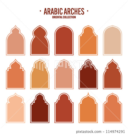 Islamic frames, oriental style objects. Arabic shapes, windows and arches. Traditional ornamental banner, frame. Muslim holidays, Ramadan Kareem. Modern eastern architecture. Vector illustration 114974291