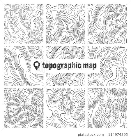 Topographic map with contour lines. Geographic terrain grid, relief height elevation. Ground path pattern. Travel and navigation, cartography design element. Vector illustration 114974295