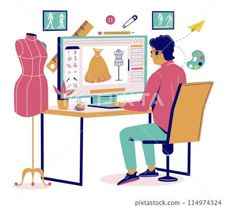 Fashion designer cartoon character working on laptop Fashion designer cartoon character working on laptop 114974324
