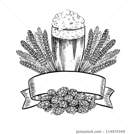 Beer glass, hops, malt, beer label. An illustration with black and white vector graphics drawn by hand. Highlighted on a white background. For the design of labels, packages, poster of the Oktoberfest Beer glass, hops, malt, beer label. An illustration with black and white vector graphics drawn by hand. Highlighted on a white background. For the design of labels, packages, poster of the Oktoberfest 114974349