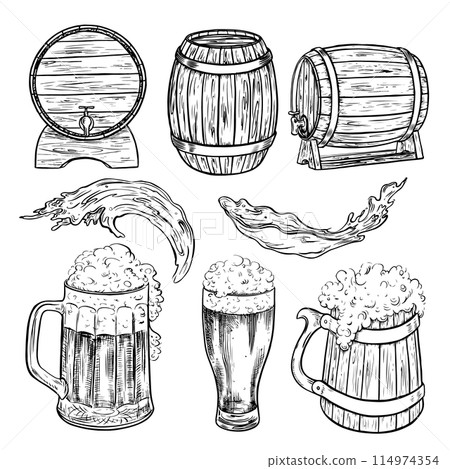 Wooden barrels and beer mugs. Hand-drawn illustrations with black and white vector graphics. Elements of cliparts for the design of labels, packages, posters about beer production. 114974354