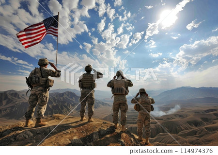 American Soldiers Saluting US Flag 114974376
