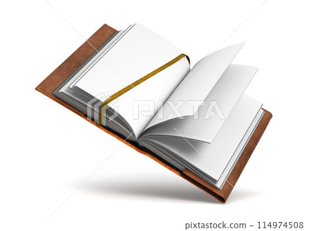 Open book in a leather cover A blank white book floats in the air 3d render on white 114974508
