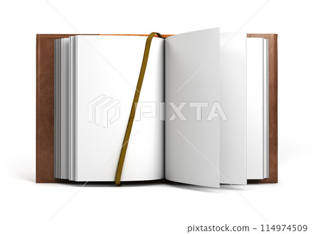 Open book in a leather cover A blank white book front view 3d render on white 114974509