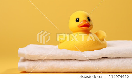 rubber duck on a white towels on a yellow background 114974610