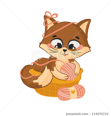 Cute cat character sittting in basket for knitting 114974724