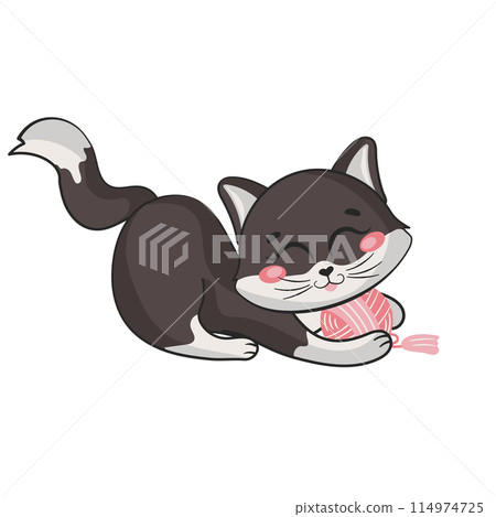 Cute cat character playing with the pink yarn ball 114974725