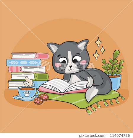 Kawaii cat character reading book, educational concept Kawaii cat character reading book, educational concept 114974726