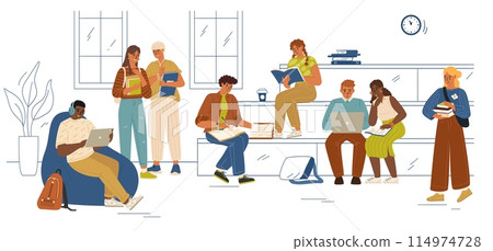 Students cartoon characters studying, resting together at campus indoors 114974728