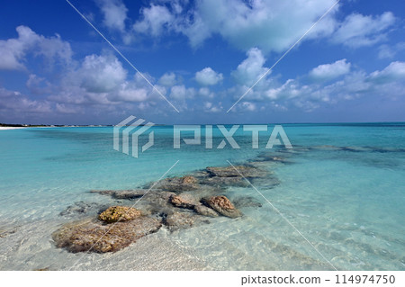 Rocks on beach at Treasure Cay, Abaco, Bahamas amid clear turquoise water. 114974750