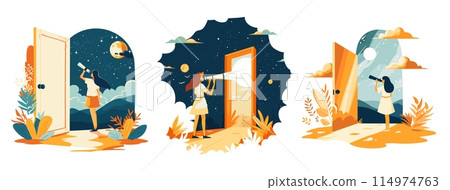 Future vision cartoon vector concepts. Girl looking plants clouds back view telescope open door space planet visionary pathfinding search planning character, bright illustration isolated on white Future vision cartoon vector concepts. Girl looking plants clouds back view telescope open door space planet visionary pathfinding search planning character, bright illustration isolated on white 114974763