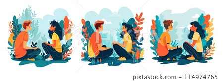 Friends mutual aid cartoon vector scene. Guy girl sitting back view communication relationships crisis sympathy support characters, stems leaves branches elements concepts isolated on white background Friends mutual aid cartoon vector scene. Guy girl sitting back view communication relationships crisis sympathy support characters, stems leaves branches elements concepts isolated on white background 114974765