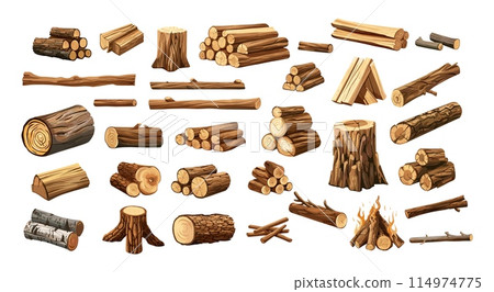 Firewood pile cartoon vector set. Logs bonfire branches sticks forest wood tree burning bundle dry brushwood log trunk, bright illustration isolated on white background 114974775
