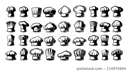 Chef hats icons vector set. Culinary caps master kitchen patron cooking restaurant dishes food etiquette accessory, illustration isolated on white background 114974804