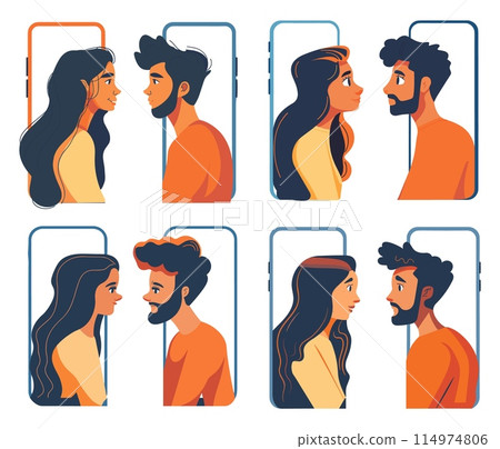 Chats cartoon vector illustration. Man woman frame smartphone device profile feelings emotions communications connections communication conversation social networks dialogue messenger characters 114974806