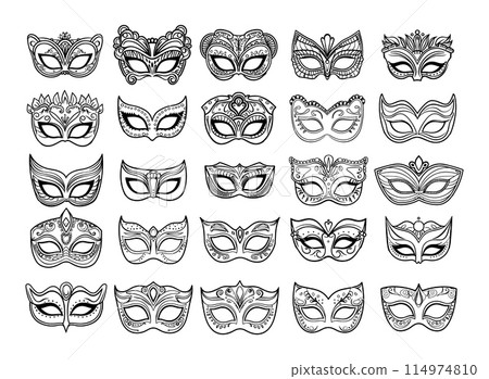 Carnival masks line sketch vector set. Venetian masquerade concealment hiding face incognito lace patterns anonymous monochrome accessory isolated on white background 114974810