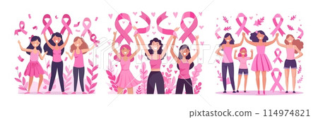 Breast cancer awareness cartoon vector scenes. Woman girls positive holding pink ribbons oncology treatment celebrate international holiday characters, medicine diseases healthcare, concepts isolated 114974821