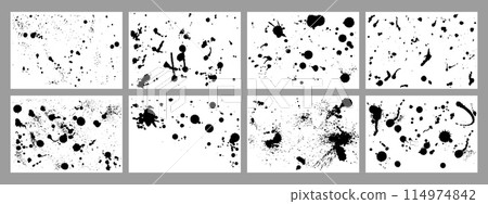 Ink splashes background. Blots black paint, abstract flows and dirty splatters. Hand drawn inks dots and paints grunge design, neoteric vector design 114974842