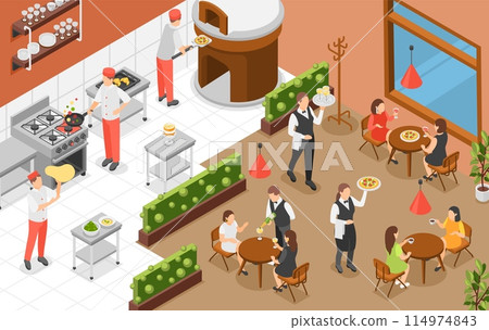 Isometric cafe interior. Open kitchen restaurant or pizzeria. People meeting, drinking and eating. Waiters delivering food flawless vector scene 114974843