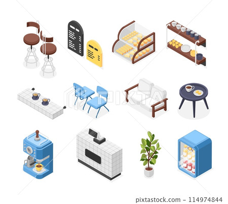 Isometric cafe equipment. Cafeteria or restaurant furniture, bakery food and bar elements. Coffee cups, juice in fridge, chairs flawless vector set 114974844