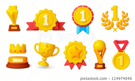 Awards 3d elements. Golden prizes and medals, cups and trophy. Isolated gold crown and stars. Render realistic championship awards pithy set Awards 3d elements. Golden prizes and medals, cups and trophy. Isolated gold crown and stars. Render realistic championship awards pithy set 114974848