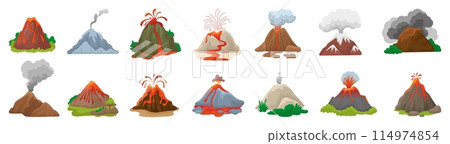 Cartoon volcanoes eruption. Volcano processes, natural disasters with fire fountains, flames, ashes and smokes. Nature elements, neoteric vector set Cartoon volcanoes eruption. Volcano processes, natural disasters with fire fountains, flames, ashes and smokes. Nature elements, neoteric vector set 114974854