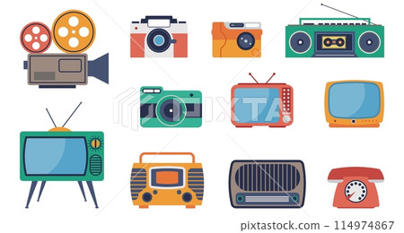 Vintage media. Photo cameras, tv screens and radio. Film camera, retro phone and audio player. Isolated flat old digital technologies decent vector set 114974867
