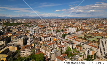 Milan cityscape against a background of blue sky, view from above in sunny weather 114974917