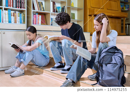 Teenage students sitting in college high school library reading books 114975255