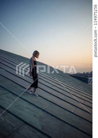 Photo shoot on roof. Young woman posing in roof at sunset. People, lifestyle, relaxation concept. 114975256