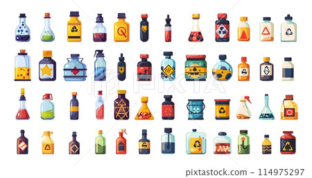 Dangerous substances cartoon vector set. Bottles flasks storage tanks toxic poison radioactive chemical liquids gases vessels, illustrations isolated on white background 114975297
