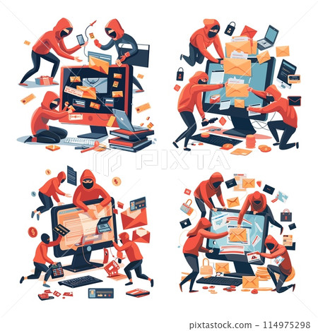 Cybercriminals stealing data cartoon vector concepts. masked people anonymous computer thieves phishing password credit card documents bank account attacking desktop characters, illustrations isolated 114975298