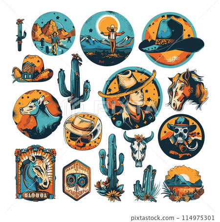 Cowboy stickers cartoon vector set. Wild west skull horse hat cactus prairie rocks sun, mountains desert bandana vintage retro color labels isolated on white background 114975301