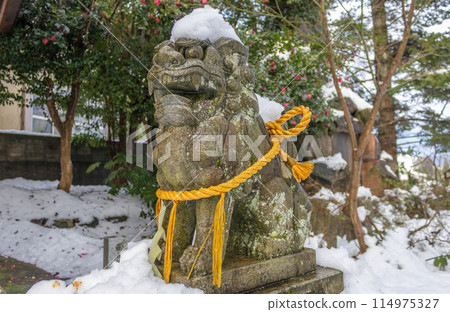 Komainu, or lion-dog, in winter snow, with sacred shimenawa rope. Kanazawa, Japan. 114975327