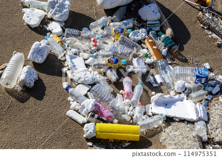Rubbish from the Japan Sea, washed up on beach, Japan. Rubbish from the Japan Sea, washed up on beach, Japan. 114975351