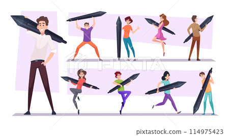 People with stylus. Abstract cartoon characters holding stylus for digital drawing exact vector concept pictures set 114975423