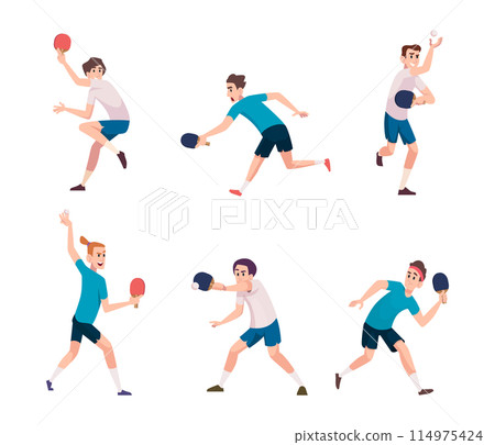 Ping-pong. Sport action game athletes in action poses ping pong players with little ball and rackets exact vector table tennis game Ping-pong. Sport action game athletes in action poses ping pong players with little ball and rackets exact vector table tennis game 114975424
