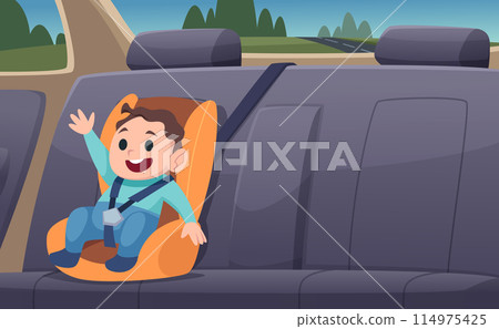 Kids travelers. Transport with safety baby car seat exact vector cartoon background Kids travelers. Transport with safety baby car seat exact vector cartoon background 114975425