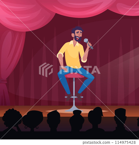 Comedian stand up comedy characters sitting on scene and holding microphone Comedian stand up comedy characters sitting on scene and holding microphone 114975428