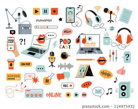 Podcast tools. Streaming web show digital devices tablets laptop speakers microphones headphones recent vector flat pictures set Podcast tools. Streaming web show digital devices tablets laptop speakers microphones headphones recent vector flat pictures set 114975432
