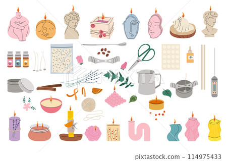 Aroma candles. Handicraft hobbies aromatherapy wax candles attributes recent vector flat stylized illustration set 114975433