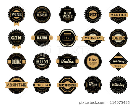 Whiskey badges. Alcohol drinks premium badges recent vector rum and whiskey production logos with place for text Whiskey badges. Alcohol drinks premium badges recent vector rum and whiskey production logos with place for text 114975435