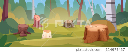Wood tree. Outdoor background with wood landscape old stumps exact vector cartoon template Wood tree. Outdoor background with wood landscape old stumps exact vector cartoon template 114975437
