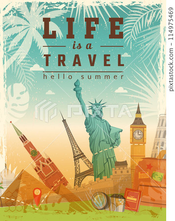 Travel poster historical geographic places travel points placard with place for text Travel poster historical geographic places travel points placard with place for text 114975469