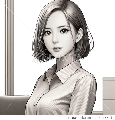 一個短髮女子在辦公室看著你的真實插圖 114975621