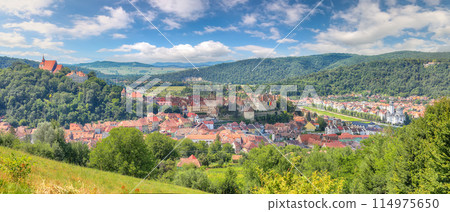 Amazing summer cityscape of medieval city Sighisoara. Amazing summer cityscape of medieval city Sighisoara. 114975650