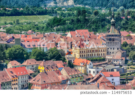 Amazing summer cityscape of medieval city Sighisoara. Amazing summer cityscape of medieval city Sighisoara. 114975653