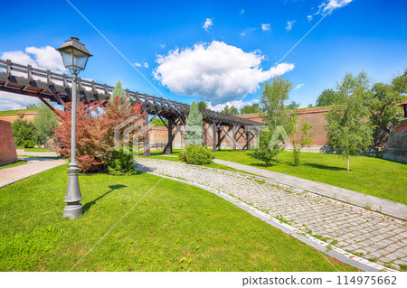 Amazing cityscape and aged medieval defense fortification walls with  green lawn in medieval fortress of Alba Iulia (Carolina). 114975662