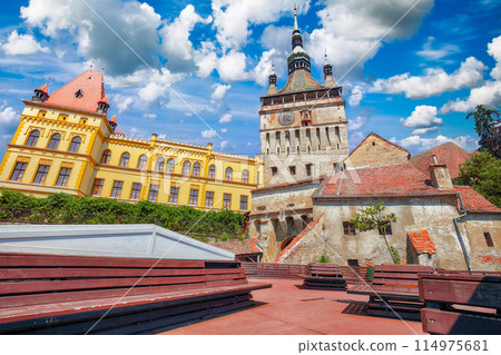 Amazing morning view of historic town Sighisoara and Clock Tower built by Saxons. 114975681